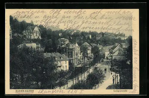 AK Baden-Baden, Langestrasse mit Strassenbahn