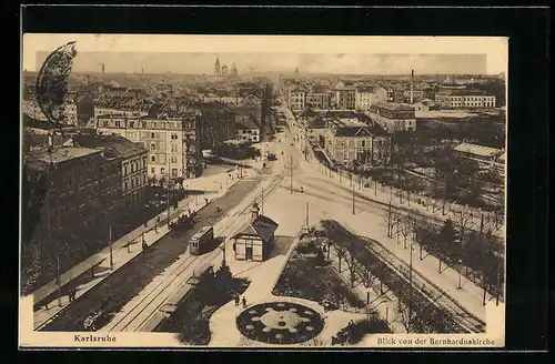 AK Karlsruhe, Blick von der Bernharduskirche mit Strassenbahn