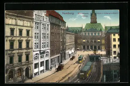 AK Hamburg, Mönkedamm mit Börse, U-Bahn u. Strassenbahn