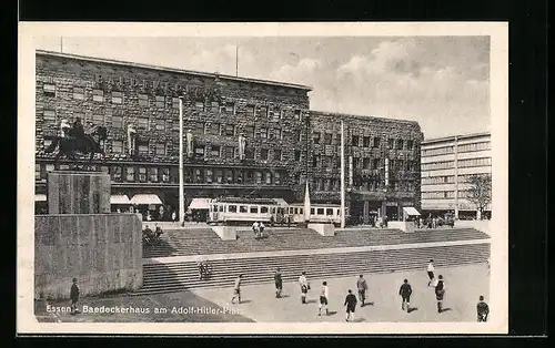 AK Essen, Baedeckerhaus am Platz mit Strassenbahn