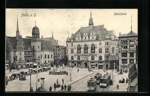 AK Halle a. S., Marktplatz mit Geschäften, Denkmal und Strassenbahn