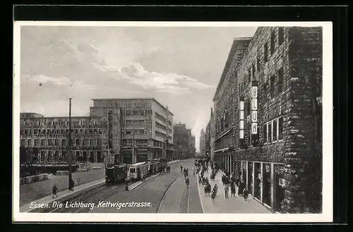 AK Essen, Die Lichtburg und Kettwigerstrasse mit Strassenbahn