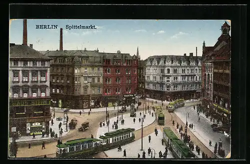 AK Berlin, Spittelmarkt mit Geschäften und Strassenbahnen