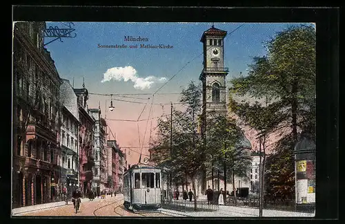 AK München, Sonnenstrasse, Strassenbahn an der Mathias-Kirche