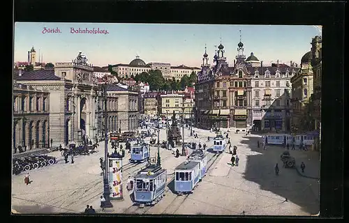 AK Zürich, Bahnhofplatz mit Strassenbahn