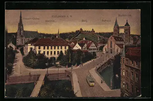AK Esslingen a. N., Ortspartie mit Frauenkirche, Burg, Rathaus und Strassenbahn aus der Vogelschau