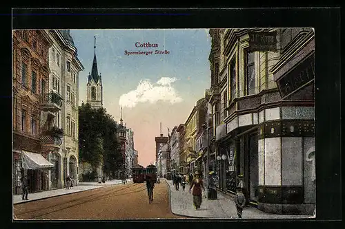 AK Cottbus, Spremberger Strasse mit Strassenbahnen