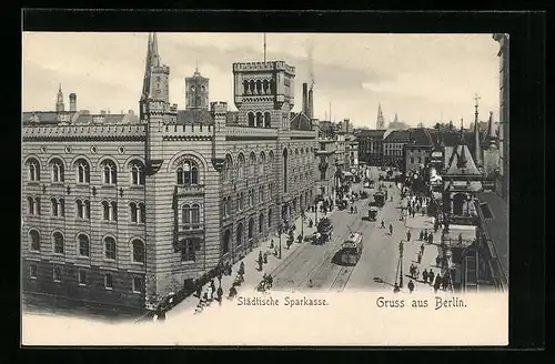 AK Berlin, Städtische Sparkasse mit Strasse und Strassenbahnen aus der Vogelschau