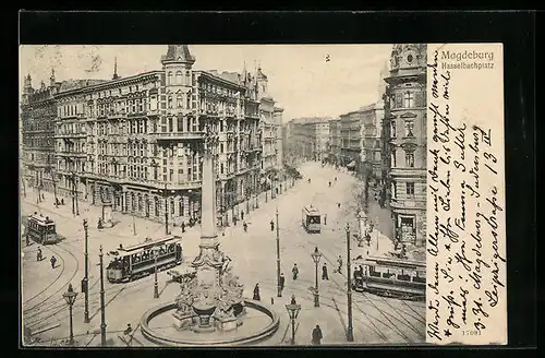 AK Magdeburg, Hasselbachplatz mit Strassenbahnen aus der Vogelschau