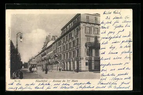 AK Neuchatel, Avenue du 1er Mars, Strassenbahn