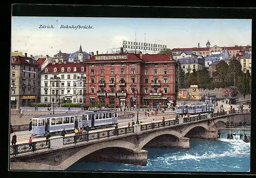 AK Zürich, Bahnhofbrücke mit Strassenbahnen aus der Vogelschau