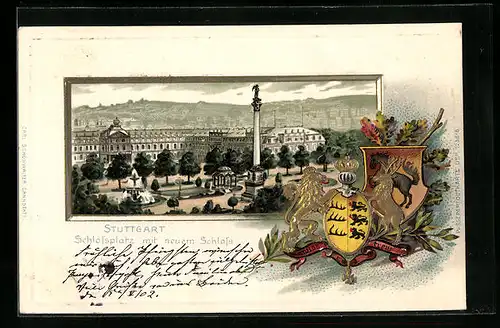 Präge-Lithographie Stuttgart, Schlosssplatz mit neuem Schloss, Wappen