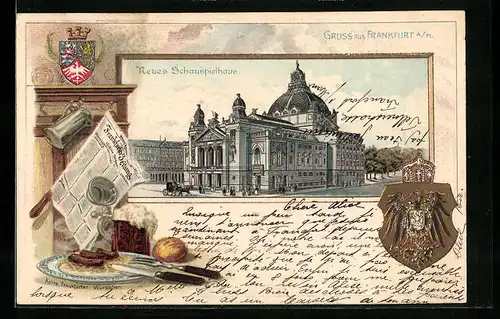 Passepartout-Lithographie Frankfurt a. M., Blick zum Schauspielhaus, Wappen