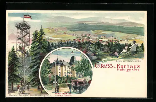 Lithographie Hahnenklee /Harz, Hotel Kurhaus G. Wienecke, Hannov. Turm auf dem Bocksberg, Gesamtansicht