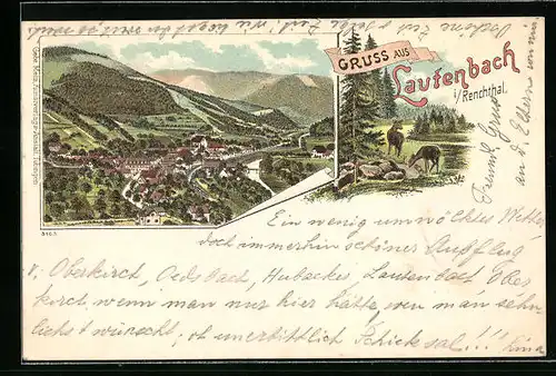 Lithographie Lautenbach /Renchthal, Gesamtansicht mit Bergen aus der Vogelschau, Rehe