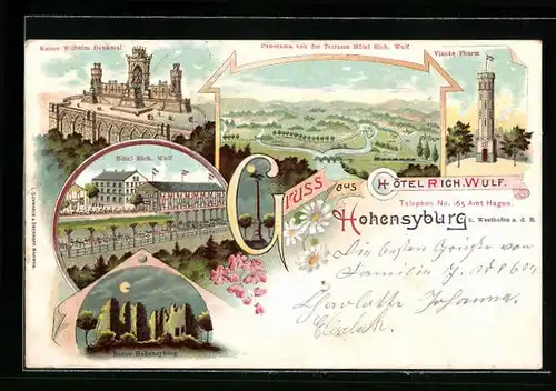 Lithographie Hohensyburg, Hotel Rich. Wulf, Ruine, Kaiser Wilhelm Denkmal, Vincke Thurm