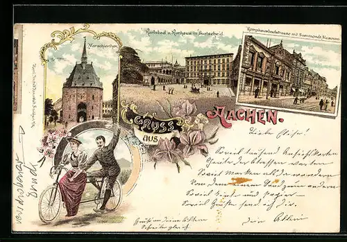 Lithographie Aachen, Komphausbadstrasse mit Suermondt-Museum, Marschierthor, Paar auf einem Tandem