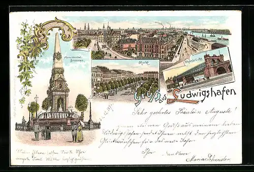 Lithographie Ludwigshafen, Markt, Rheinbrücke, Monumental-Brunnen, Ortsansicht