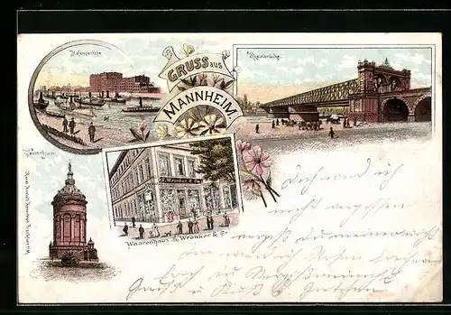 Lithographie Mannheim, Hafen, Wasserturm, Warenhaus S. Wronker & Co.