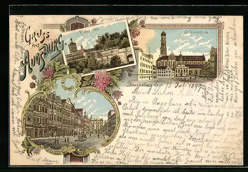 Lithographie Augsburg, Rothes Thor, St. Ulrichskirche