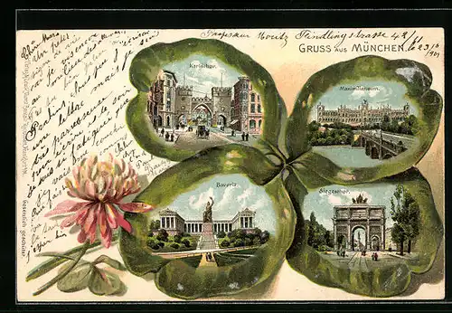 Passepartout-Lithographie München, Karlsthor, Siegesthor & Bavaria im Kleeblatt