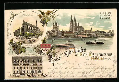 Lithographie Köln, 50-jähriges Jubiläum des Kath. Gesellenvereins, Gesellenhaus, Minoritenkirche, Panorama, Wappen