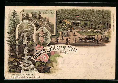 Lithographie Wernigerode /Harz, Gaststätte Silberner Mann mit Kutschen, Steinerne Renne