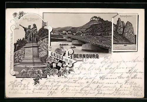 Lithographie Ebernburg, Ortsansicht mit Brücke und Burg, Hutten-Sickingen-Denkmal