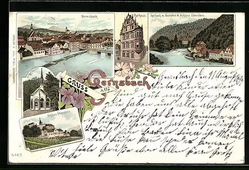 Lithographie Gernsbach, Ortsansicht mit Brücke, Igelbach mit Schloss Eberstein