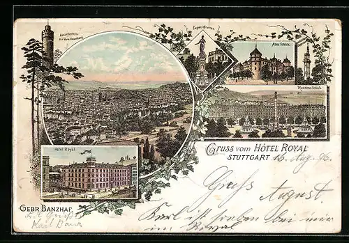 Lithographie Stuttgart, Hôtel Royal, Hotel Royal, Altes Schloss, Eugens-Brunnen