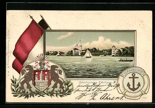 Passepartout-Lithographie Hamburg-Rotherbaum, Uhlenforster Fährhaus von der Aussenalster gesehen, Wappen