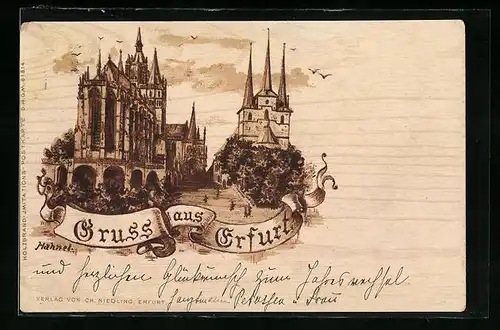 Holzbrand-Imitations-AK Erfurt, Abbild der Kirche