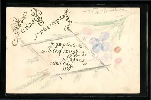 Papierkunst-AK Würzburg, Grusskarte mit Papierkunst-Blumen