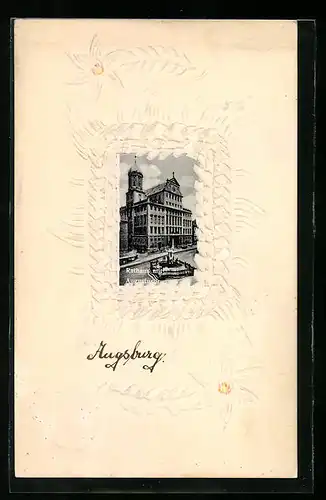 Papierkunst-AK Augsburg, Rathaus mit Augustusbrunnen, Papierkunst