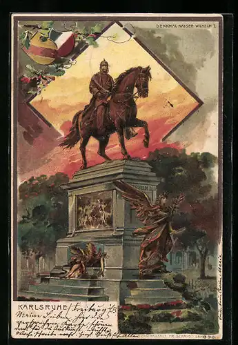 Lithographie Karlsruhe, Blick auf d. Denkmal Kaiser Wilhelm I.