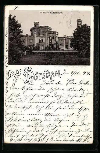 Lithographie Potsdam, Blick auf Schloss Babelsberg