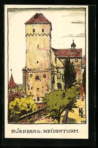 Steindruck-AK Nürnberg, Blick auf den Heidenturm