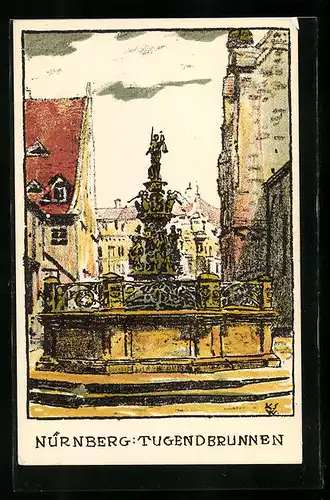 Steindruck-AK Nürnberg, Ansicht des Tugendbrunnens