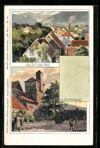 Künstler-AK H. Bahndorf: Ilsenburg, Ortsansicht und Klosterkirche