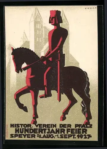 Künstler-AK Speyer, Histor. Verein Pfalz, Hundertjahrfeier 1927, Reiter auf Pferd