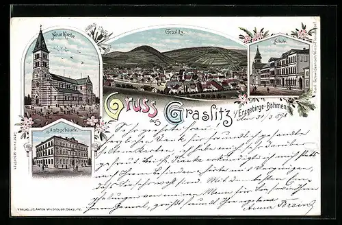 Lithographie Graslitz /Erzgeb., Amtsgebäude, Neue Kirche, Schule