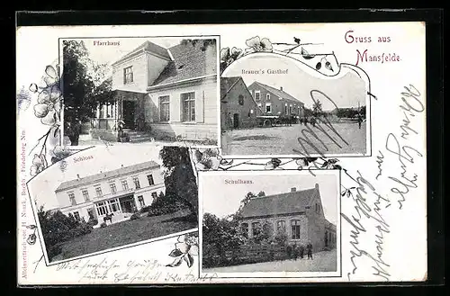 AK Mansfelde, Brauer`s Gasthof, Pfarrhaus, Schulhaus