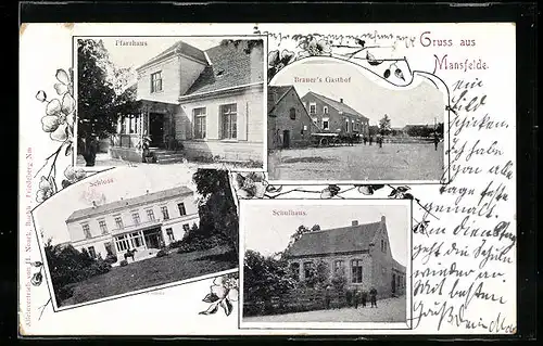 AK Mansfelde, Brauer`s Gasthof, Pfarrhaus, Schulhaus, Schloss