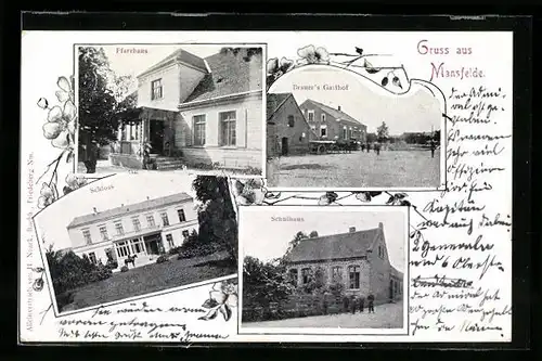AK Mansfelde, Brauer`s Gasthof, Pfarrhaus, Schloss, Schulhaus