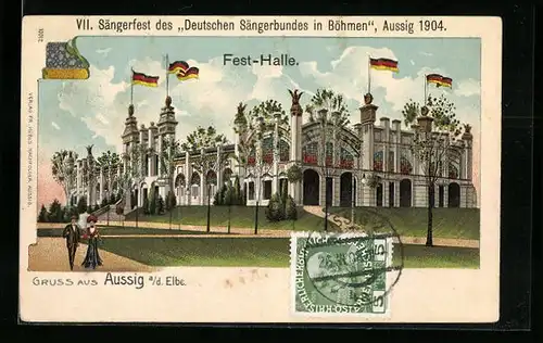 Lithographie Aussig a. d. Elbe, VII. Sängerfest des Deutschen Sängerbundes, 1904, Fest-Halle