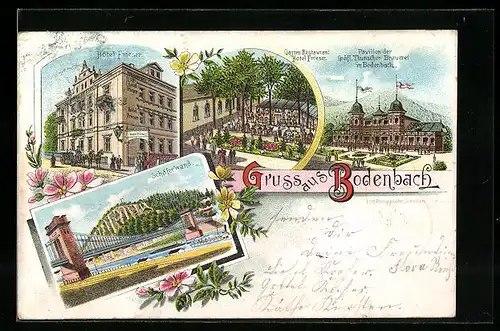 Lithographie Bodenbach, Hotel Frieser mit Garten-Restaurant, Schäferwand, Gräflich Thunsche Brauerei