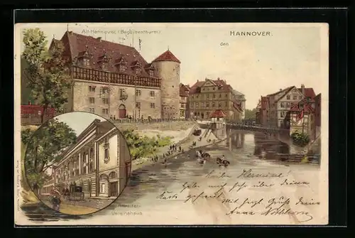 Lithographie Hannover, Beguinenthurm und Arbeiter-Vereinshaus