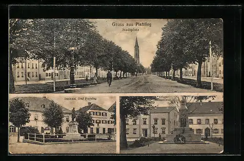 AK Plattling, Partie am Stadtplatz, Kriegerdenkmal, Denkmal Graf Preysing