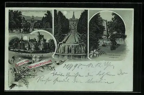 Lithographie Wilhelmshöhe, Löwenburg, Die Cascaden, Der Aquädukt-Wasserfall