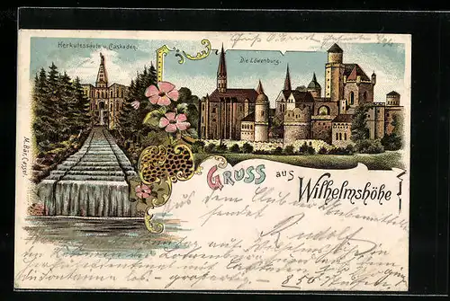 Lithographie Wilhelmshöhe, Die Löwenburg, Herkulessäule und Caskaden